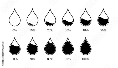 Water or liquids level percent icon set in black color. Black Water droplet level gradient chart Bars template. 10% to 100% percent number text. Water drops infographic elements. Flat Design. 