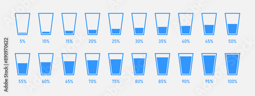 Glasses filled with water to percentage. It can be used to show the water fill level in dams and lakes. Water and liquid level in Percentage. Vector illustration. 