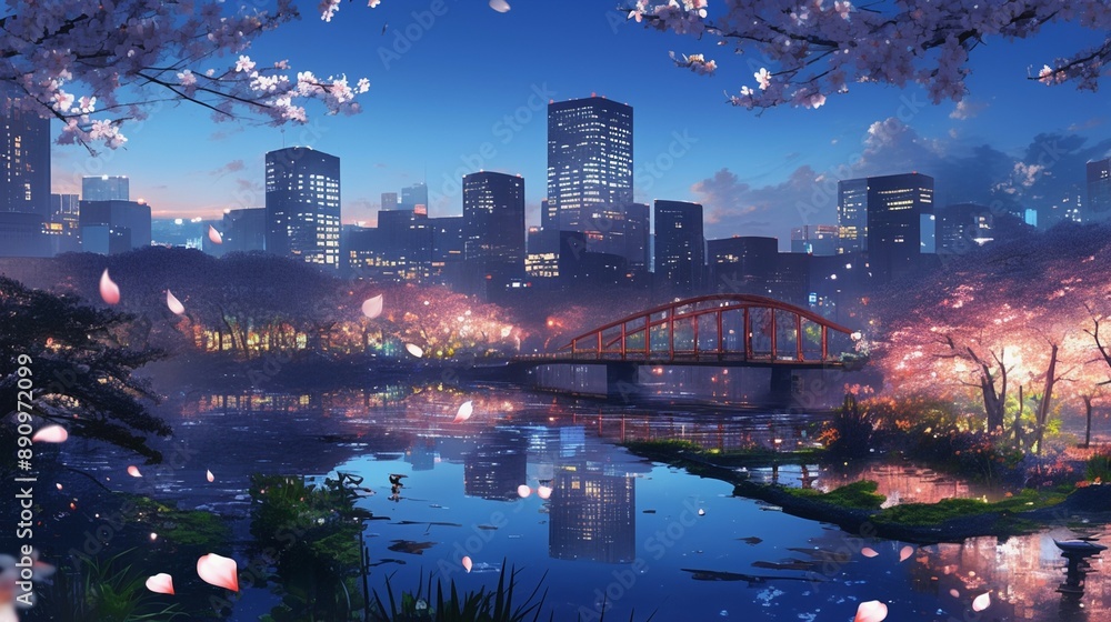 Fototapeta premium 桜並木の公園と街の風景、都会10