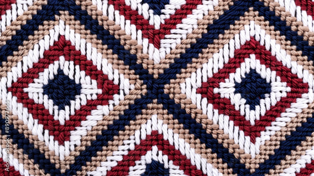 Intricate cross stitch pattern with ethnic geometric designs, using deep reds and rich blues Intricate cross stitch pattern with ethnic geometric designs, using deep reds and rich blues