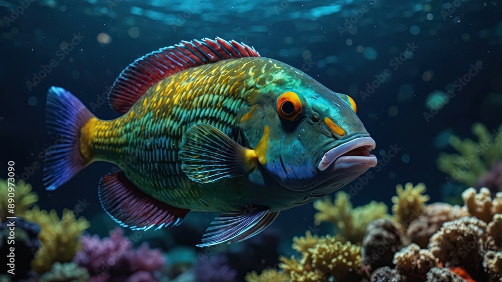 Fototapeta premium close-up of Parrotfish, cinematic, deep sea background