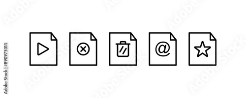 A set of line icons for file video, remove file, delete file, email, favorite file. isolated on white editable background.