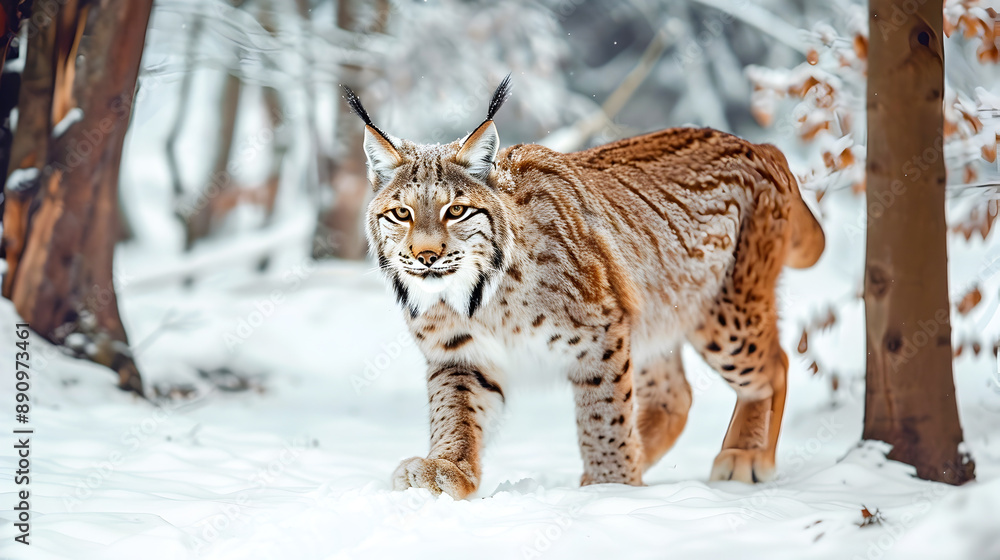 Powerful and alert Eurasian lynx cautiously walking through a snowy winter forest scene Powerful and alert Eurasian lynx cautiously walking through a snowy winter forest scene