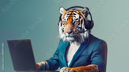 A tiger wearing a formal business suit and headset diligently working on a laptop computer showcasing its versatility and ability to thrive in a corporate setting
