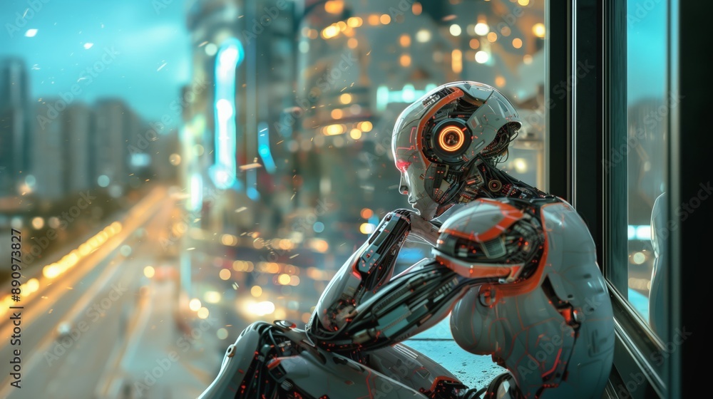 A futuristic robot cityscape with a cybernetic figure glows in the evening urban setting A futuristic robot cityscape with a cybernetic figure glows in the evening urban setting