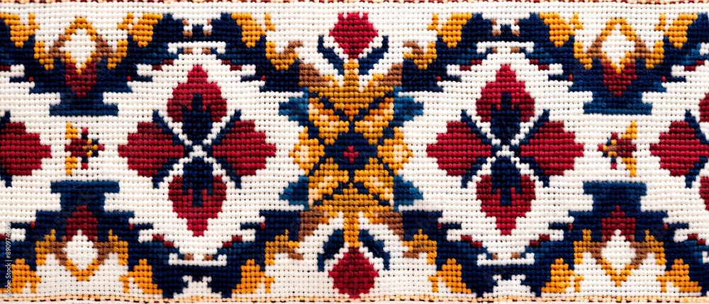 Rich jewel-toned cross-stitch border with intricate, symmetrical designs Rich jewel-toned cross-stitch border with intricate, symmetrical designs