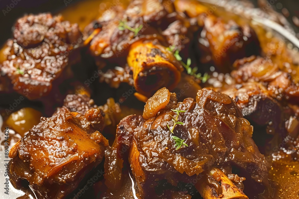 Close-up Shot Side view | EMOTION: Tempting I SCENE: Braised Oxtails Recipe | TAGS: High-end food photography, clean composition, dramatic lighting, luxurious, elegant, mouth-watering, indulgent, gou Close-up Shot Side view | EMOTION: Tempting I SCENE: Braised Oxtails Recipe | TAGS: High-end food photography, clean composition, dramatic lighting, luxurious, elegant, mouth-watering, indulgent, gou