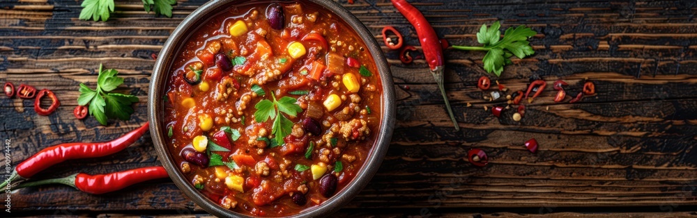 Texas Hot Chili Con Carne with Chili Peppers on Wooden Table Texas Hot Chili Con Carne with Chili Peppers on Wooden Table