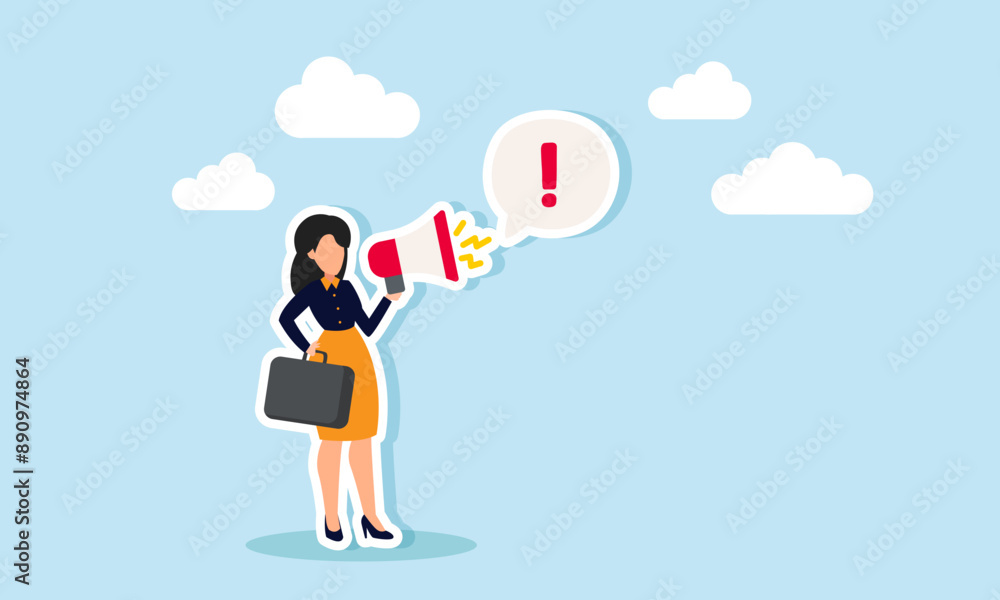 Attention important announcement, message, or broadcast via loudspeaker or exclamation point, concept of A confident businesswoman speaks through a megaphone with exclamatory attention Attention important announcement, message, or broadcast via loudspeaker or exclamation point, concept of A confident businesswoman speaks through a megaphone with exclamatory attention