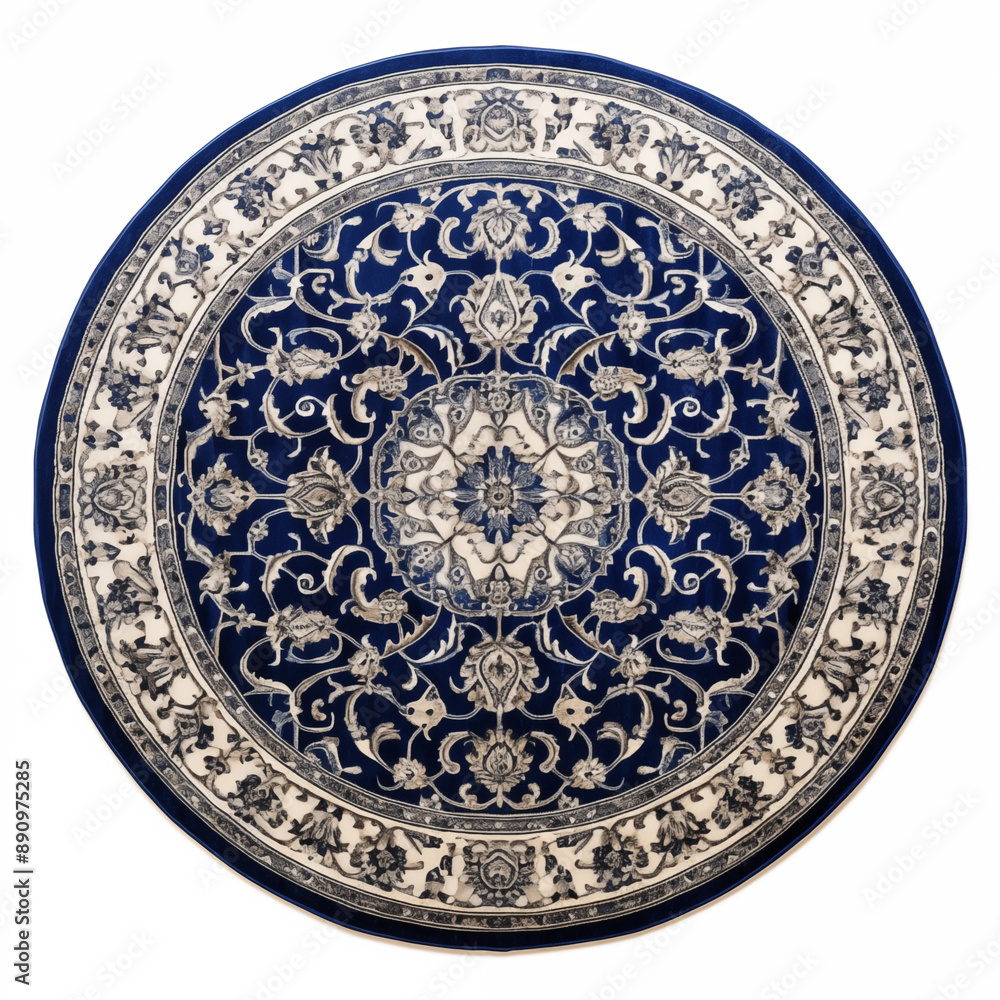 Naklejka premium Beautiful Round Blue and White Decorative Rug with Intricate Floral Patterns for Home Decor