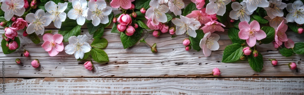Rustic Charm: Blooming Spring Flowers on Weathered Wood Rustic Charm: Blooming Spring Flowers on Weathered Wood
