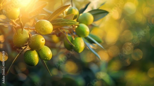 Green Olives on Olive Tree Branch in Sunny Spain