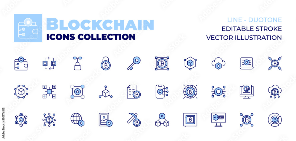 Blockchain icons collection. Line icons, doutone style, editable stroke, vector illustration. blockchain, safe, bitcoin, laptop, Blockchain, art, mining, digital wallet, world, mobile, cloud.