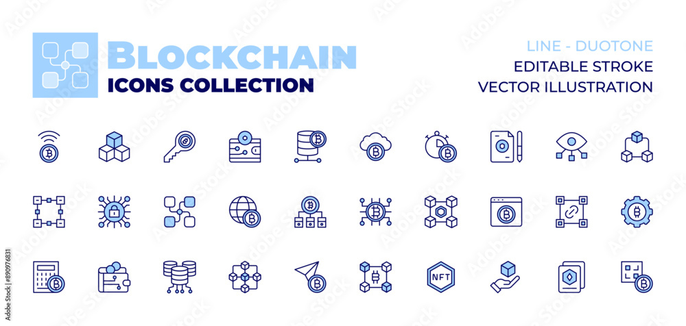 Blockchain icons collection. Line icons, doutone style, editable stroke, vector illustration. settings, qr code, blockchain, cryptocurrency, cloud, collection, software, database, contract. Blockchain icons collection. Line icons, doutone style, editable stroke, vector illustration. settings, qr code, blockchain, cryptocurrency, cloud, collection, software, database, contract.
