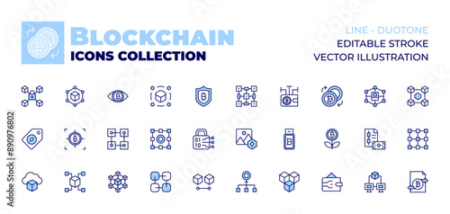 Blockchain icons collection. Line icons, doutone style, editable stroke, vector illustration. exchange, nft, cryptocurrency, wallet, nodes, blockchain, pen drive, digital wallet, picture.