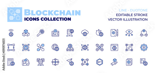 Blockchain icons collection. Line icons, doutone style, editable stroke, vector illustration. settings, qr code, blockchain, cryptocurrency, cloud, collection, software, database, contract.