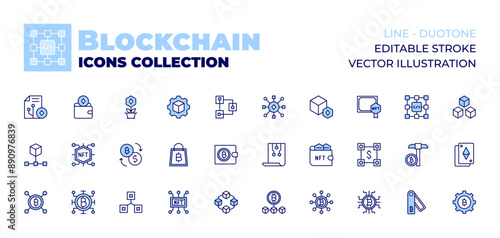 Blockchain icons collection. Line icons, doutone style, editable stroke, vector illustration. nft, blockchain, exchange, shopping bag, cryptocurrency, wallet, smart contract, smart contracts.
