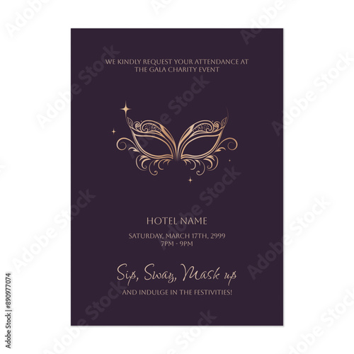 Charity gala dinner invitation template, minimalist gold mask on dark purple