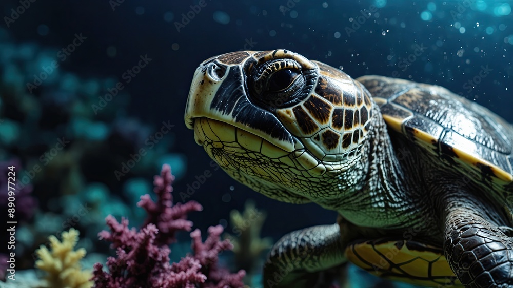 Fototapeta premium close-up of Turtle, cinematic, deep sea background, bokeh high detail