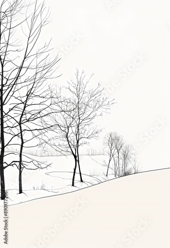 Winter landscape with trees. Bare trees stand tall against a snowy landscape.