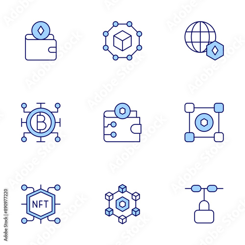 Blockchain icons set. Line icons, doutone style, editable stroke, vector illustration. blockchain, cryptocurrency, wallet, digital wallet, world, nft.
