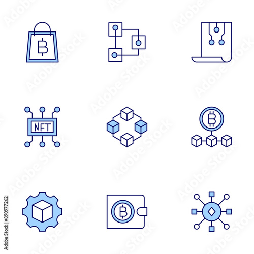 Blockchain icons set. Line icons, doutone style, editable stroke, vector illustration. blockchain, shopping bag, nft, smart contracts, wallet.