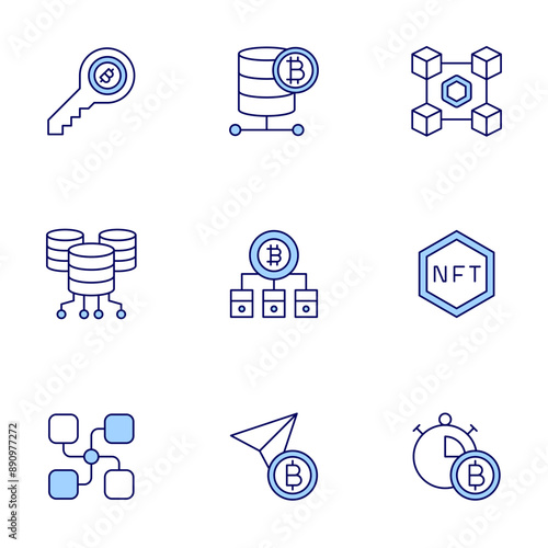 Blockchain icons set. Line icons, doutone style, editable stroke, vector illustration. key, server, blockchain, database, bitcoin, timer, nft, send.