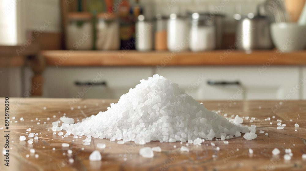 Pile of Coarse Sea Salt on Wooden Kitchen Countertop Pile of Coarse Sea Salt on Wooden Kitchen Countertop