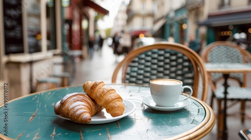 Fototapeta Naklejka Na Ścianę i Meble -  Sidewalk cafe table with a cappuccino and a croissant in a European city