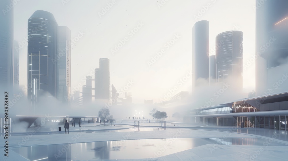 Nearby is a spacious, modern square, and in the distance is futuristic urban architecture, cinematic, white atmosphere, 3D rendering Nearby is a spacious, modern square, and in the distance is futuristic urban architecture, cinematic, white atmosphere, 3D rendering