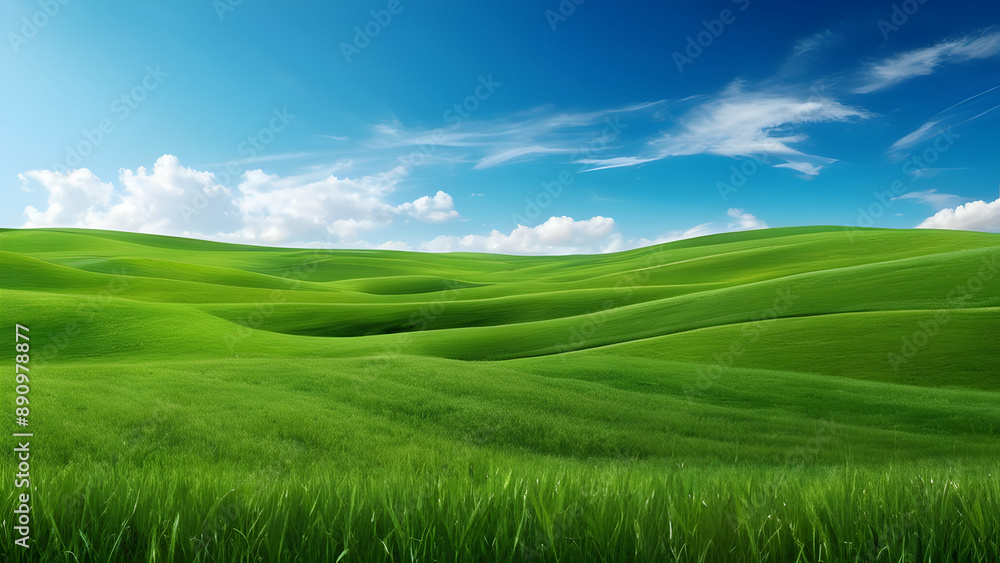Naklejka premium Scenery beautiful of green field with blue sky green grass fields on small hills and blue sky suitable for wallpaper and background illustration