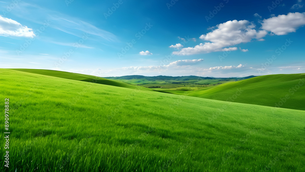 Scenery beautiful of green field with blue sky green grass fields on small hills and blue sky suitable for wallpaper and background illustration Scenery beautiful of green field with blue sky green grass fields on small hills and blue sky suitable for wallpaper and background illustration