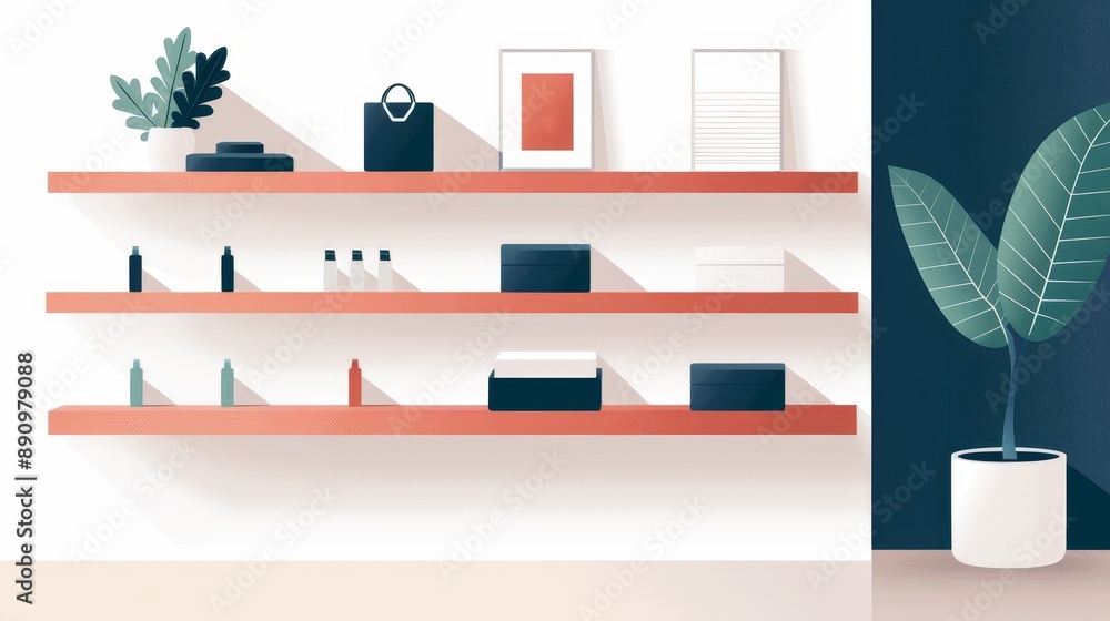 Obraz premium Stylish retail store interior with innovative product displays, sleek fixtures, and a clean, contemporary layout that enhances the shopping experience, flat design illustration