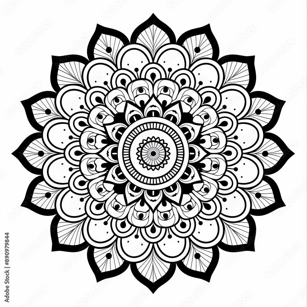 Black line mandala with floral and leaf patterns radiating symmetrically on white Black line mandala with floral and leaf patterns radiating symmetrically on white