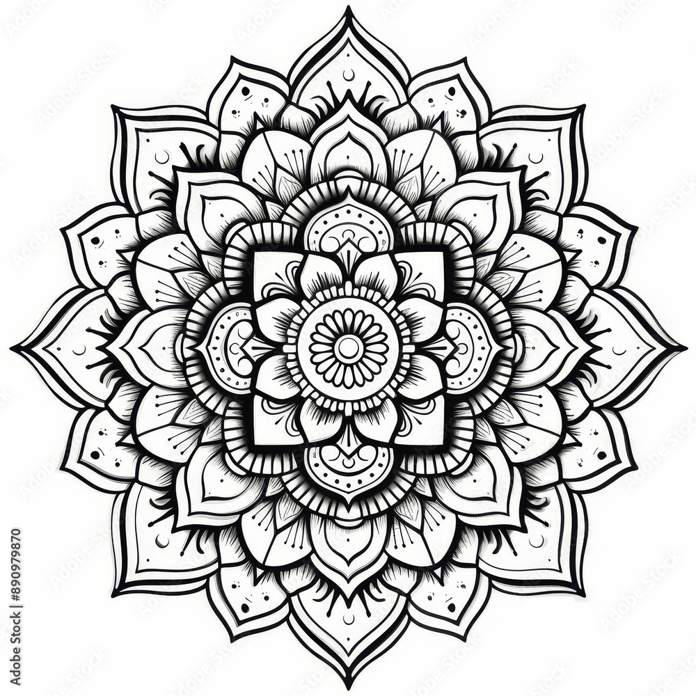 Black line mandala with intricate symmetrical detailing and fine lines on white Black line mandala with intricate symmetrical detailing and fine lines on white
