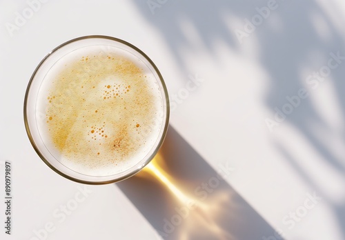 Aerial view of a beer glass with frothy head, shadows and sunlight creating a refreshing scene. photo