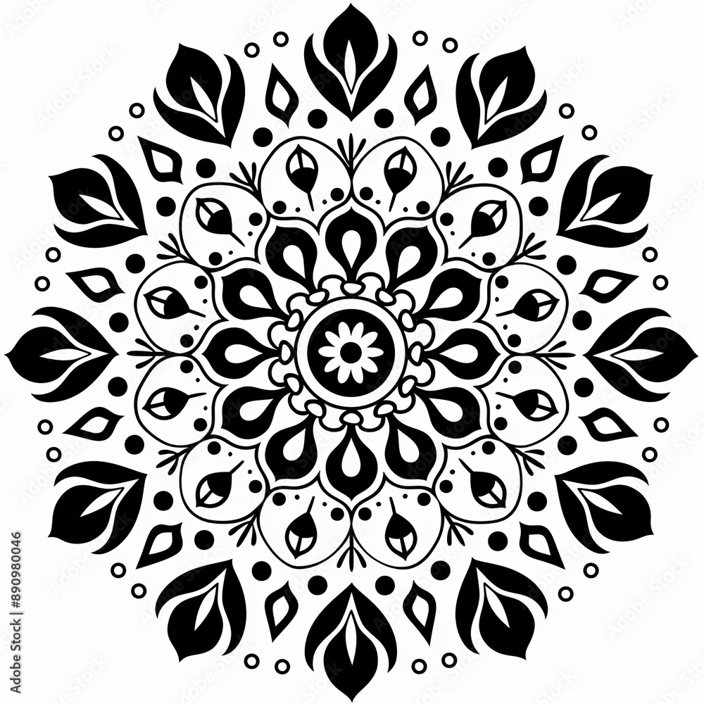 Black line mandala with symmetrical floral motifs and fine details on white Black line mandala with symmetrical floral motifs and fine details on white