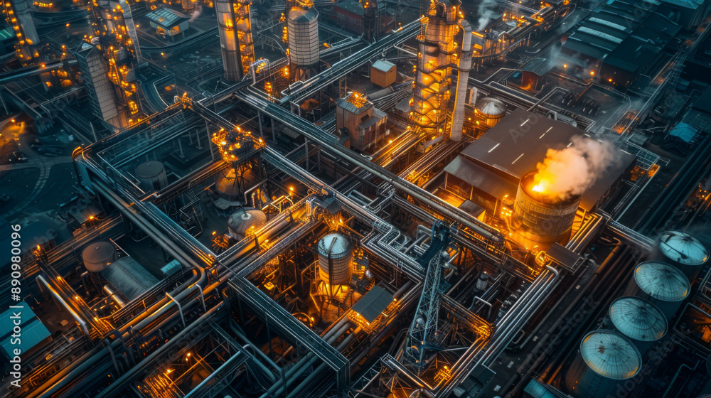 Aerial view of an illuminated industrial plant at night, showcasing complex infrastructure and active production facilities. Aerial view of an illuminated industrial plant at night, showcasing complex infrastructure and active production facilities.