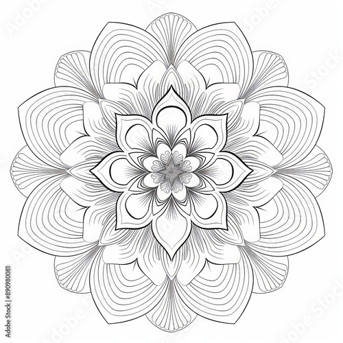 Black line mandala with symmetrical floral motifs and fine details on white