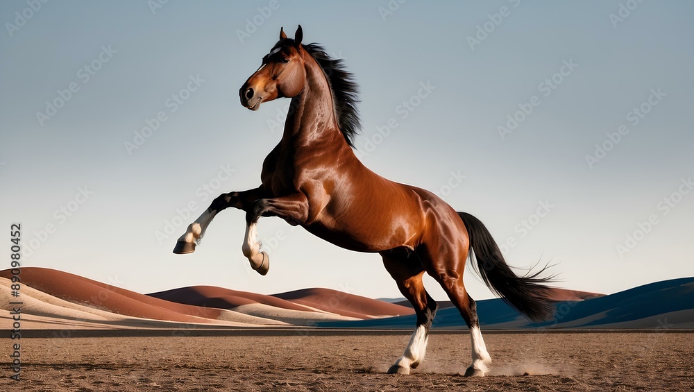 Magnificent horses rearing on their hind legs in a vast open landscape. Magnificent horses rearing on their hind legs in a vast open landscape.
