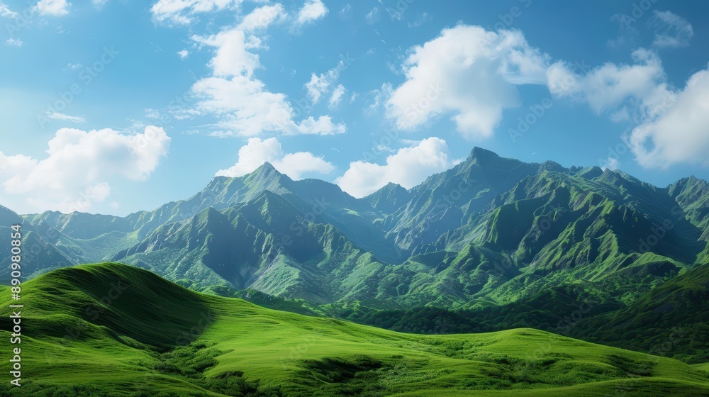Obraz premium Majestic Green Mountains Under a Clear Blue Sky with Fluffy White Clouds