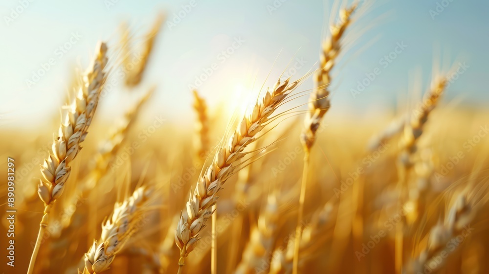 Golden Wheat Field at Sunset with Sunlight Shining Through the Ears of Wheat in a Rural Landscape Golden Wheat Field at Sunset with Sunlight Shining Through the Ears of Wheat in a Rural Landscape
