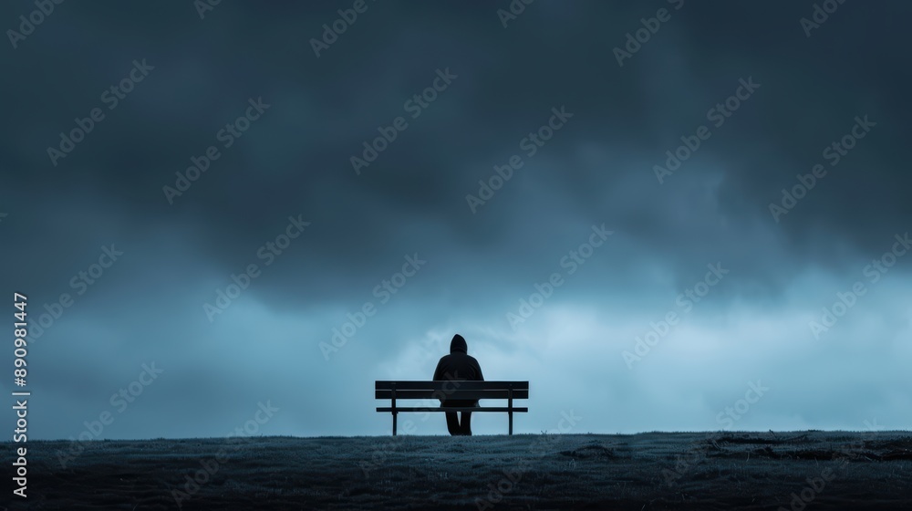 Obraz premium Solitary Figure Sitting on a Bench Under a Dark Cloudy Sky in a Desolate Landscape