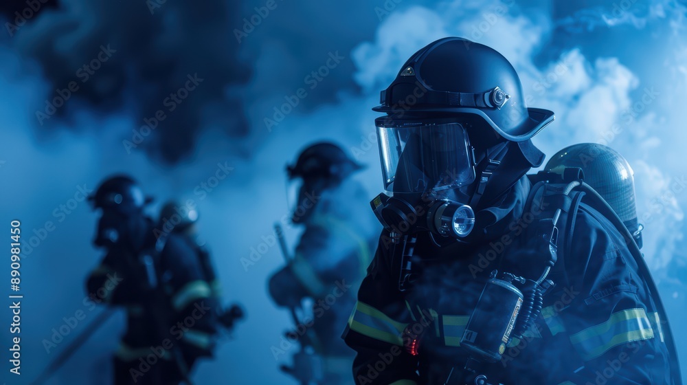 Firefighters in Full Gear Battling Smoke and Flames During a Nighttime Emergency Response Firefighters in Full Gear Battling Smoke and Flames During a Nighttime Emergency Response