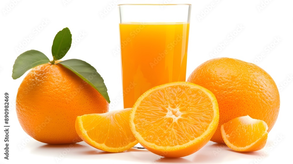 Glass of 100% Orange juice with orange sacs and slices fruits isolate on white background. Glass of 100% Orange juice with orange sacs and slices fruits isolate on white background.