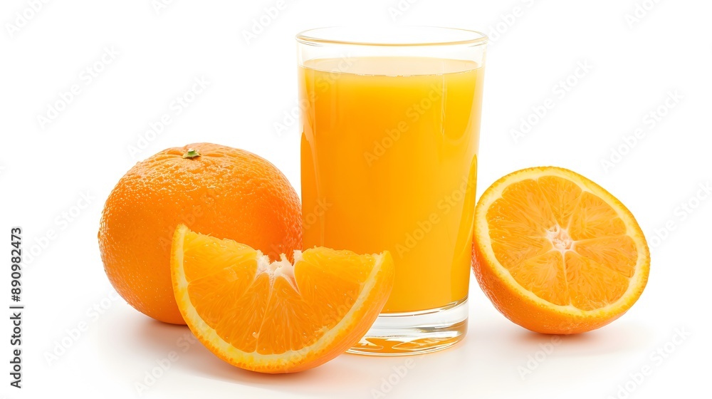 Glass of 100% Orange juice with orange sacs and slices fruits isolate on white background. Glass of 100% Orange juice with orange sacs and slices fruits isolate on white background.
