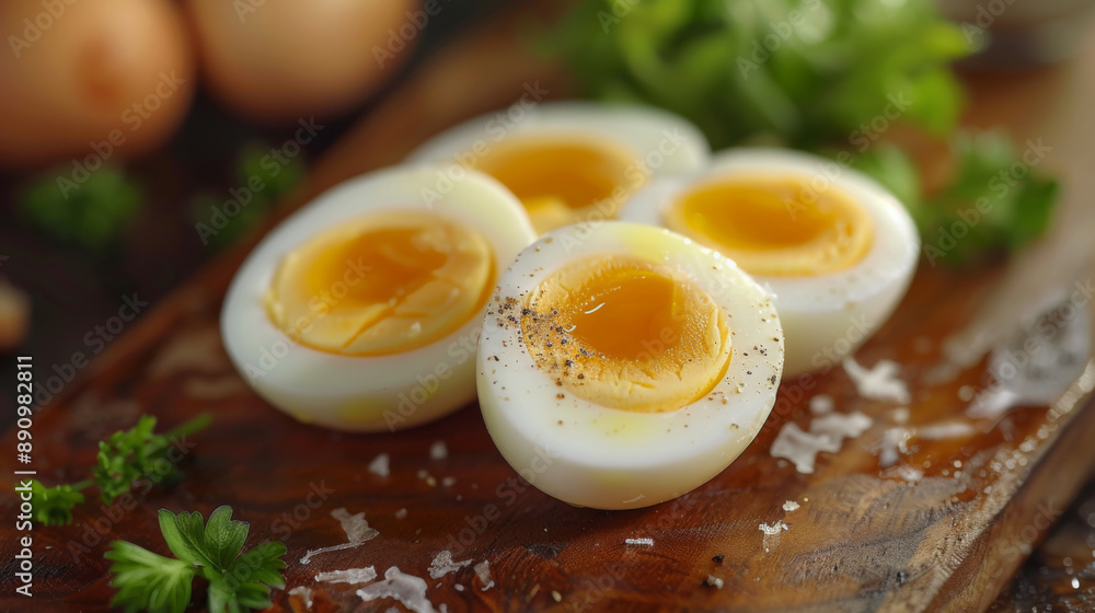 Close-up of soft-boiled eggs with runny yolks, seasoned with pepper and garnished with herbs, on a wooden board. Close-up of soft-boiled eggs with runny yolks, seasoned with pepper and garnished with herbs, on a wooden board.