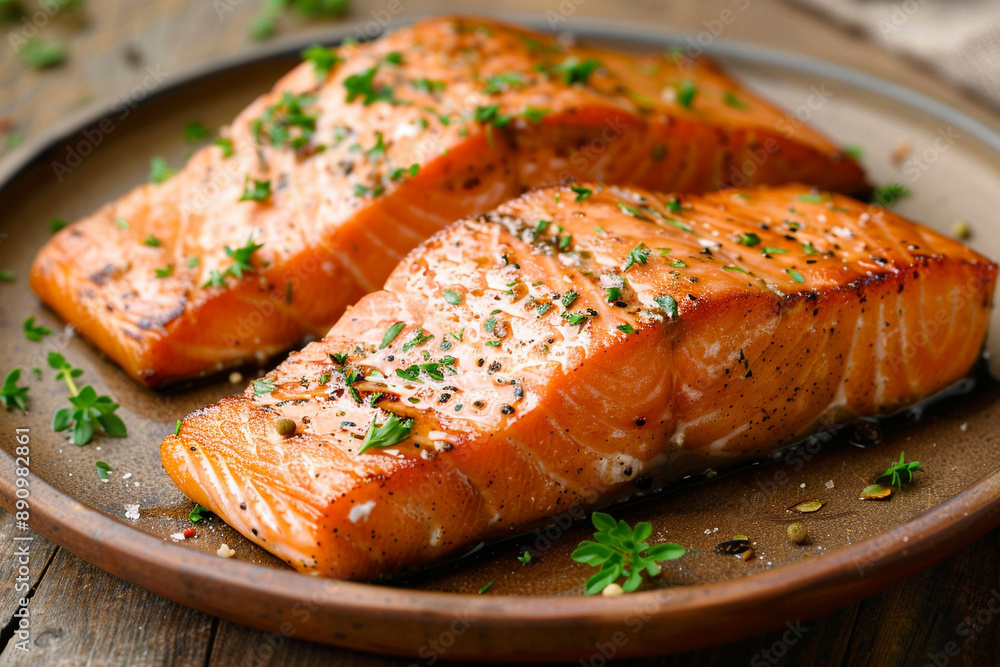 Salmon fillet cooked on a plate on a wooden background. Salmon fillet cooked on a plate on a wooden background.