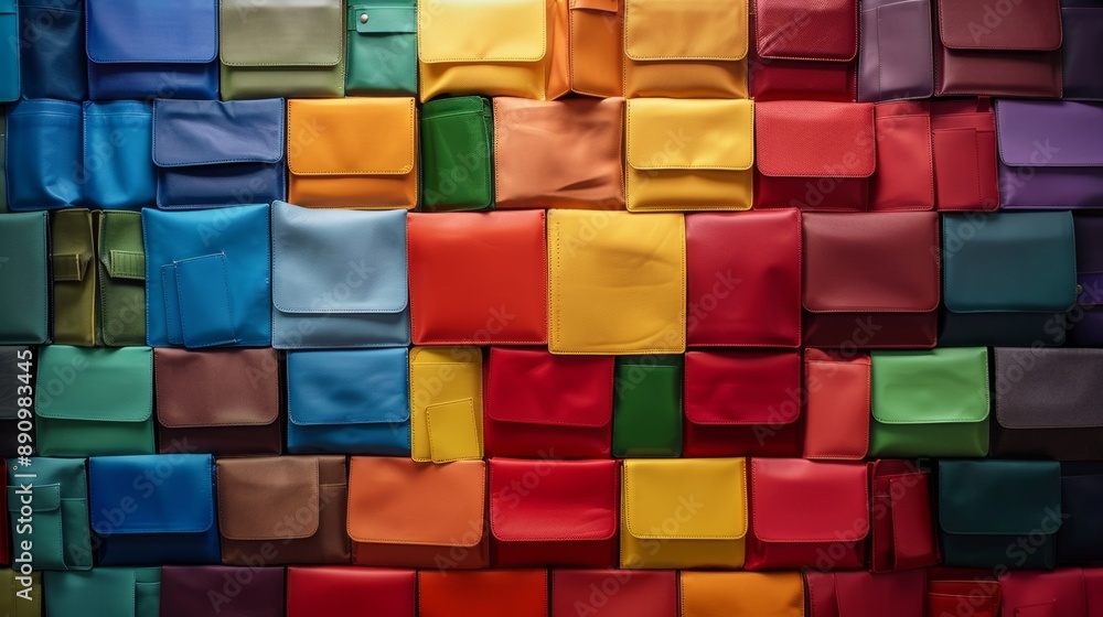 realistic photo of a wall made out of multi-coloured wallets, frontal view, shot in studio, realistic photo of a wall made out of multi-coloured wallets, frontal view, shot in studio,