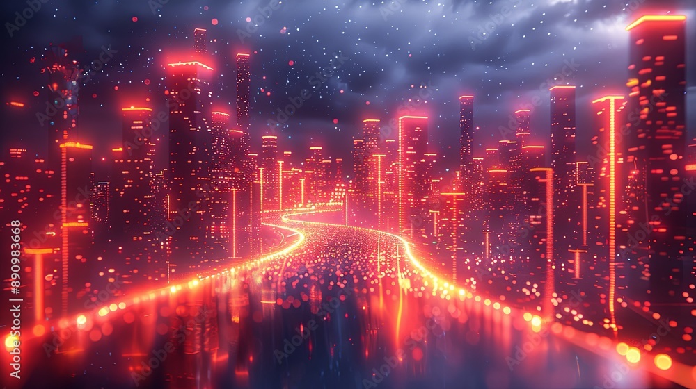 Fototapeta premium Vector illustration urban architecture, cityscape with space and neon light effect. Modern hi-tech, science, futuristic technology concept. Abstract digital high tech city design for banner